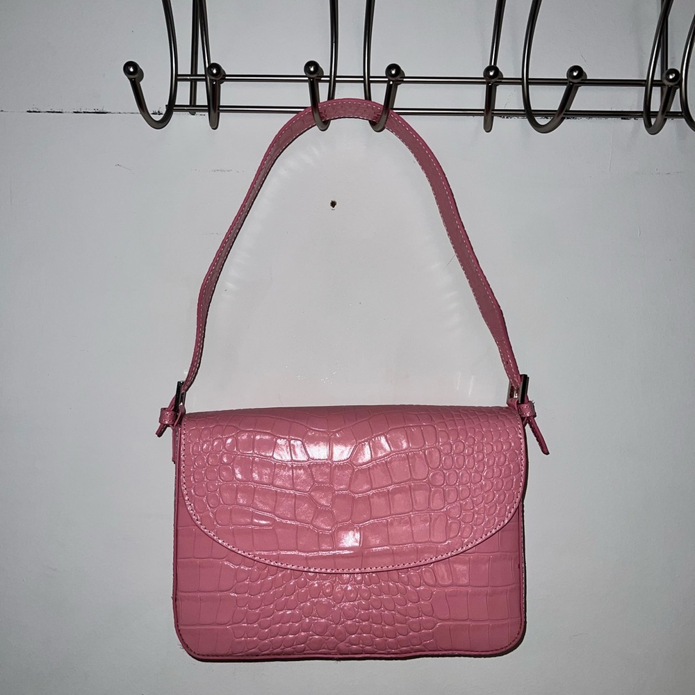 Pink -LEATHER GENUINE- MADE IN ITALY Crocodile-Embossed Shoulder Bag